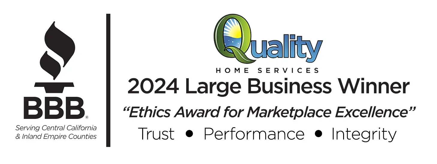 Award image featuring BBB logo and "Quality Home Services" logo. Text: "2024 Large Business Winner, Ethics Award for Marketplace Excellence." Keywords: Trust, Performance, Integrity.