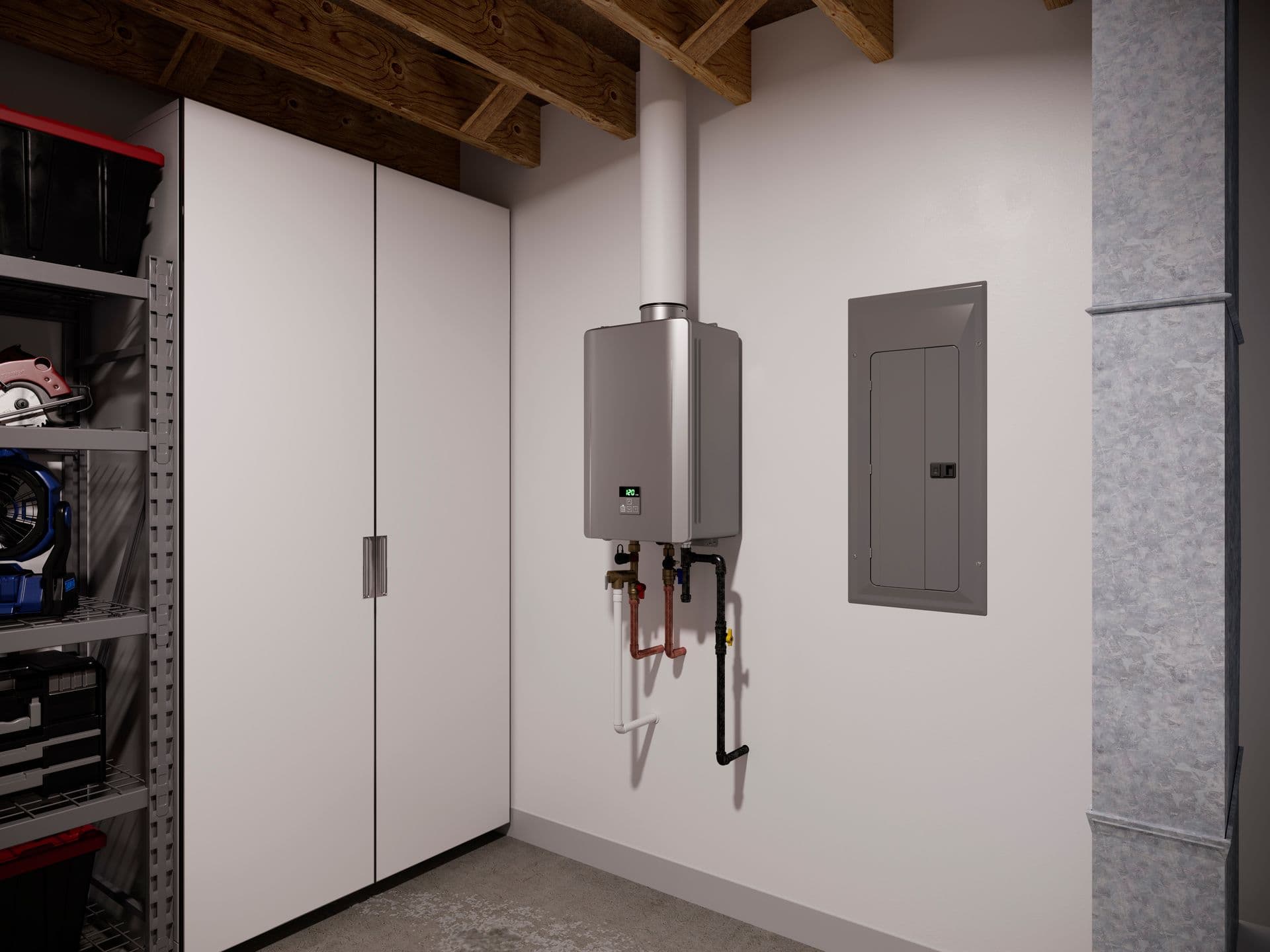 A tidy utility room with a gray tankless water heater on a white wall, adjacent to an electrical panel. Nearby, a shelf holds organized tools.