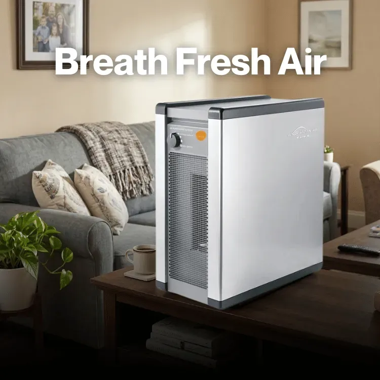 Air purifier in a cozy living room with a couch, cushions, and potted plant, exuding comfort and freshness. Text above reads "Breath Fresh Air."