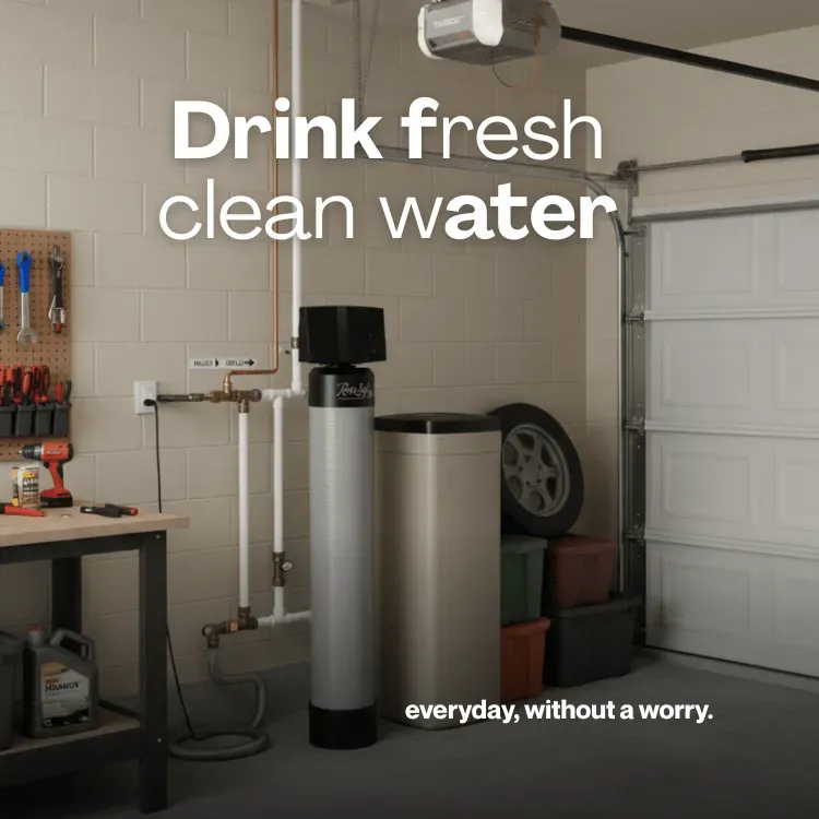 Garage interior with a water filtration system beside stacked bins and a spare tire. Tools hang on a pegboard. Text reads, “Drink fresh clean water everyday, without a worry.”