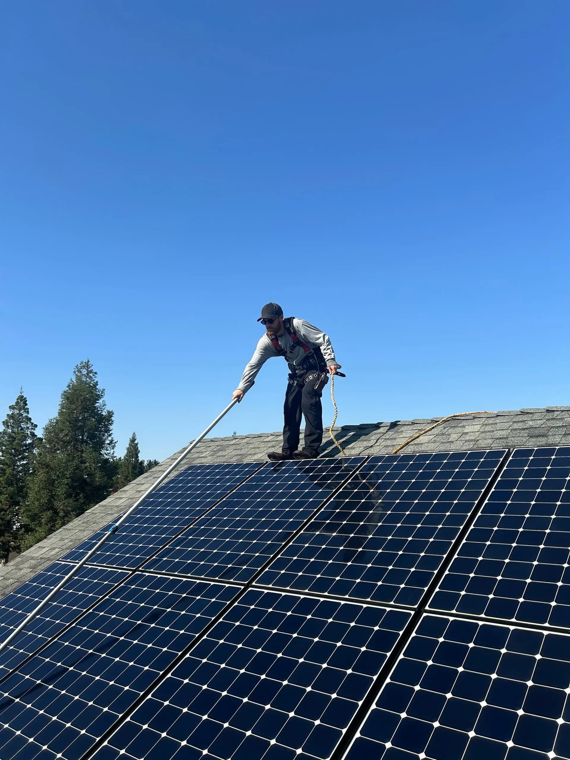 A person on a roof cleans solar panels against a clear blue sky. They are secured with a safety harness, emphasizing safety and sustainability.