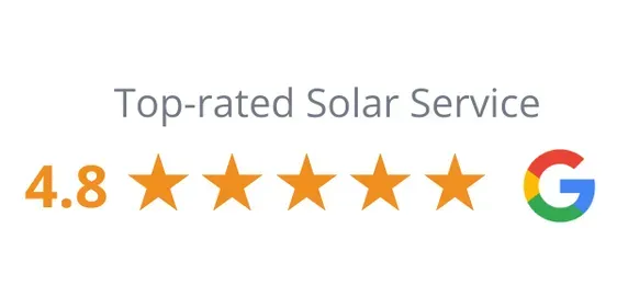 "Image showing 'Top-rated Solar Service' with a 4.8 out of 5 rating, followed by five orange stars and the Google logo, suggesting high customer satisfaction."