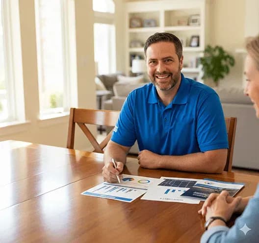 Man in a blue shirt smiling at a table with charts and graphs, engaging with a woman. Bright, airy room conveys a collaborative tone.