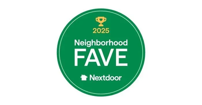 Green circular badge with a yellow trophy icon and "2025" at the top. Text reads "Neighborhood FAVE" above the house logo and "Nextdoor."